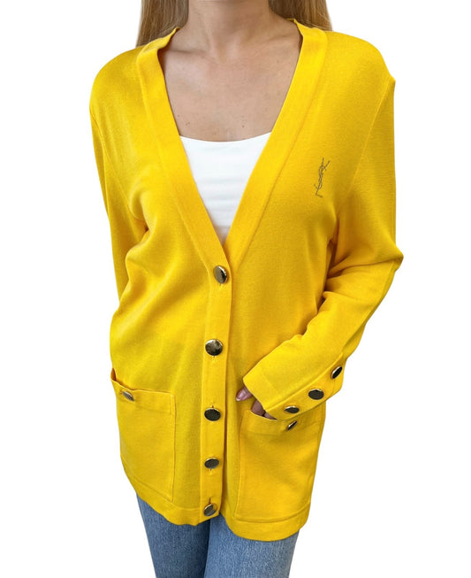 Yves Saint Laurent Vintage YSL Logo Cardigan Top Sweater #M Yellow 901997