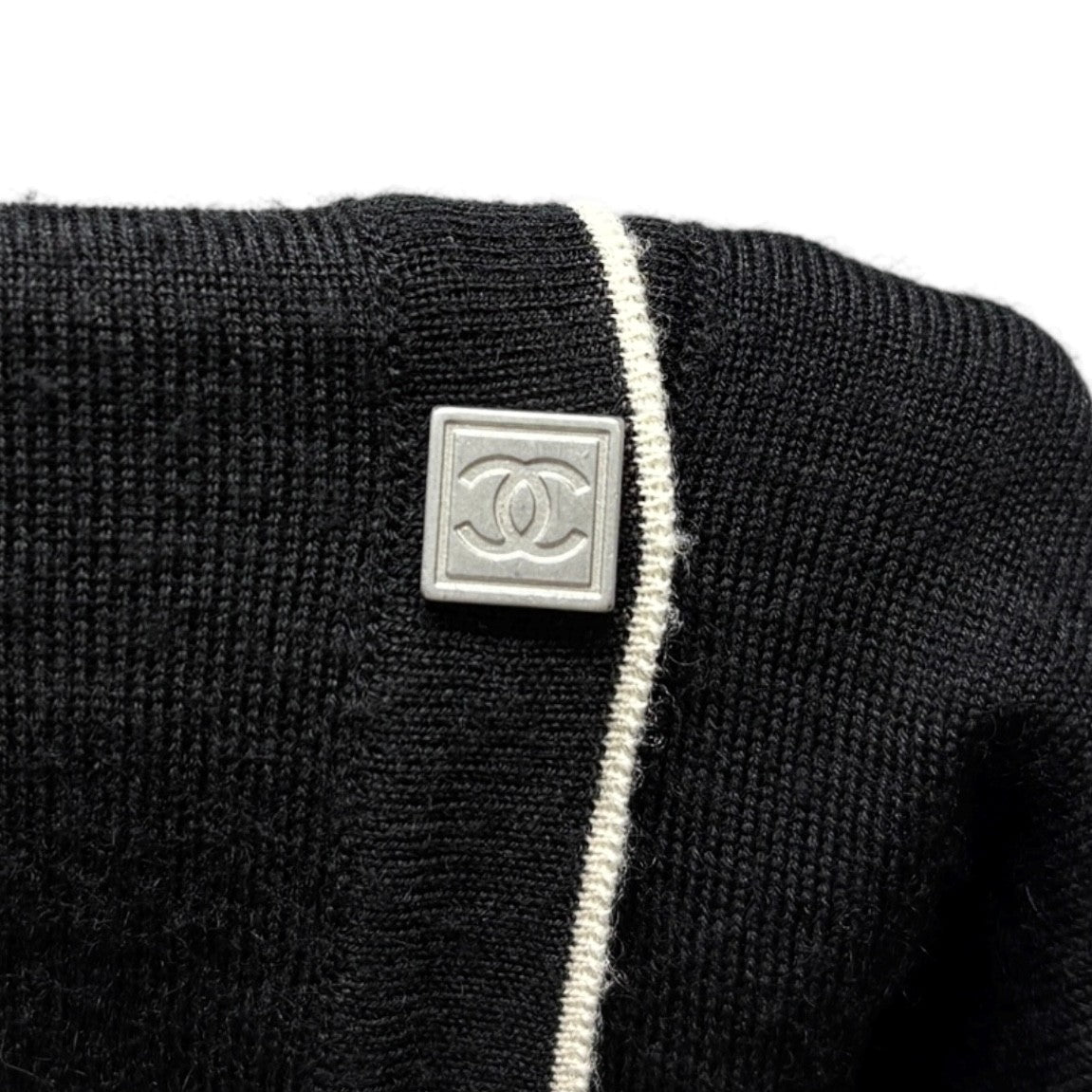 CHANEL Sport Vintage 06A CC Mark Logo Knit Cardigan #46 Black White Silk Wool