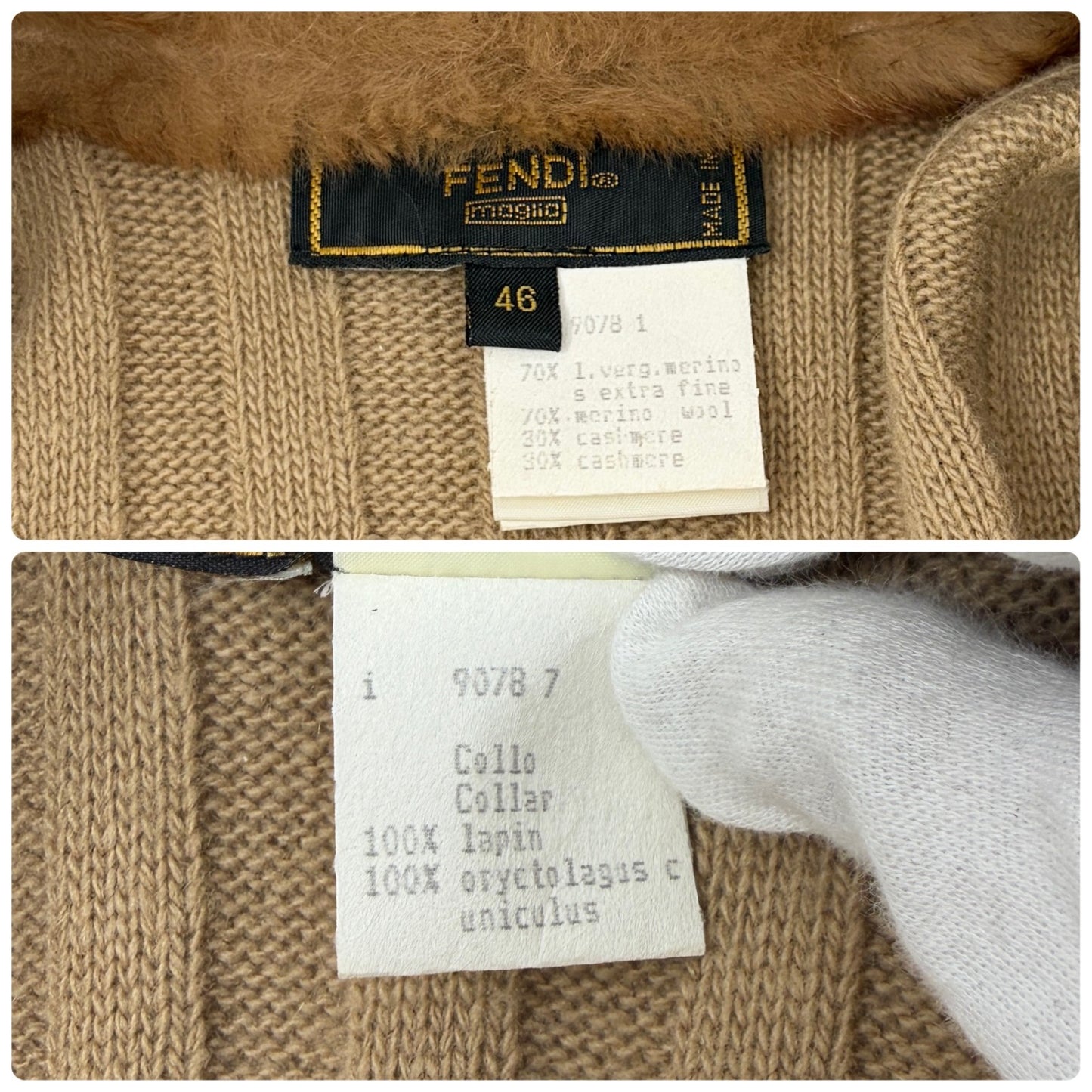 FENDI Vintage Fur Knit Rib Cardigan Jacket #46 Belt Beige Brown Wool