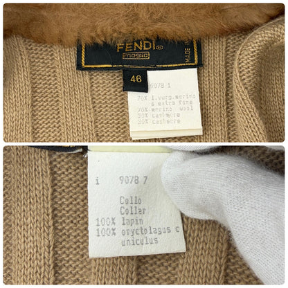 FENDI Vintage Fur Knit Rib Cardigan Jacket #46 Belt Beige Brown Wool