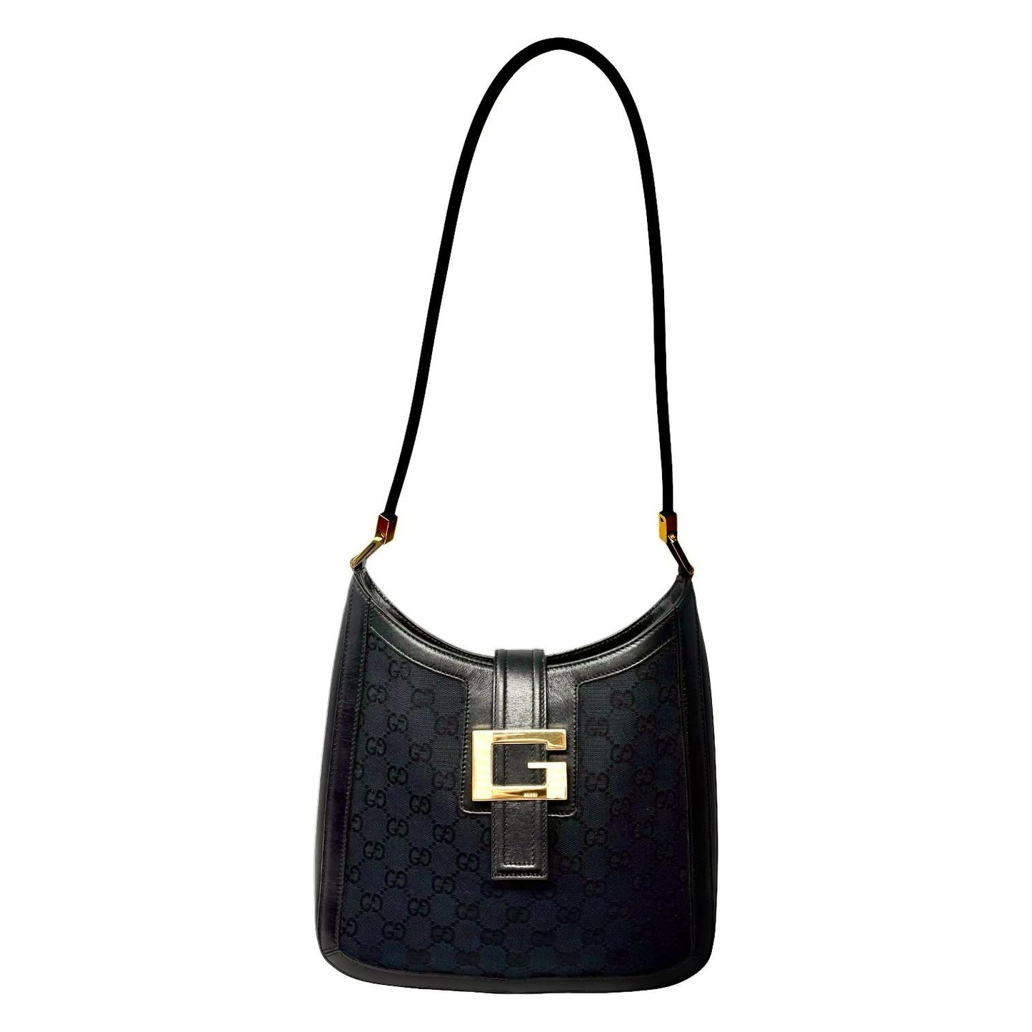 GUCCI Vintage G Square GG Monogram Shoulder Bag Magnetic Black Gold Leather