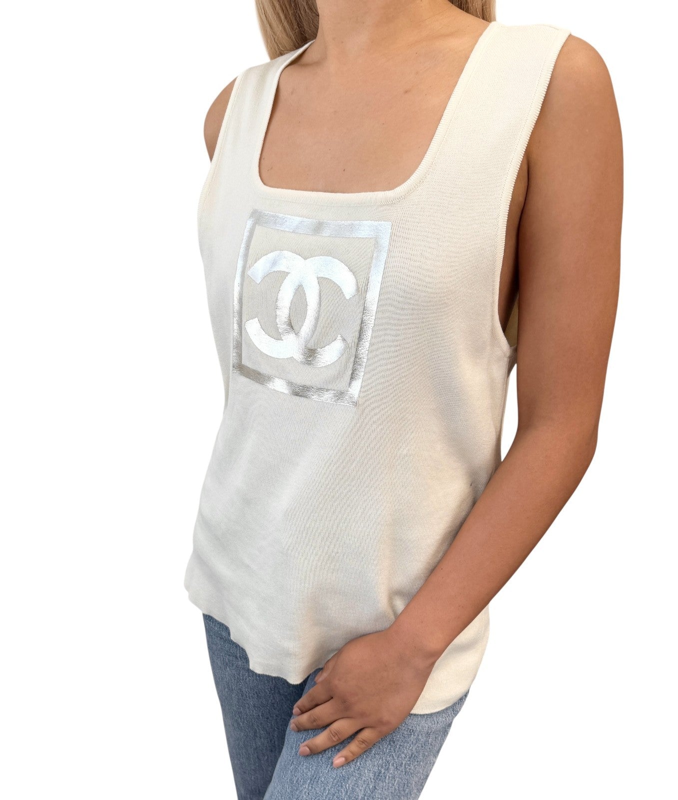 CHANEL Vintage 01P CC Logo Tank Top #46 White Cream Silver Cotton Sleeveless