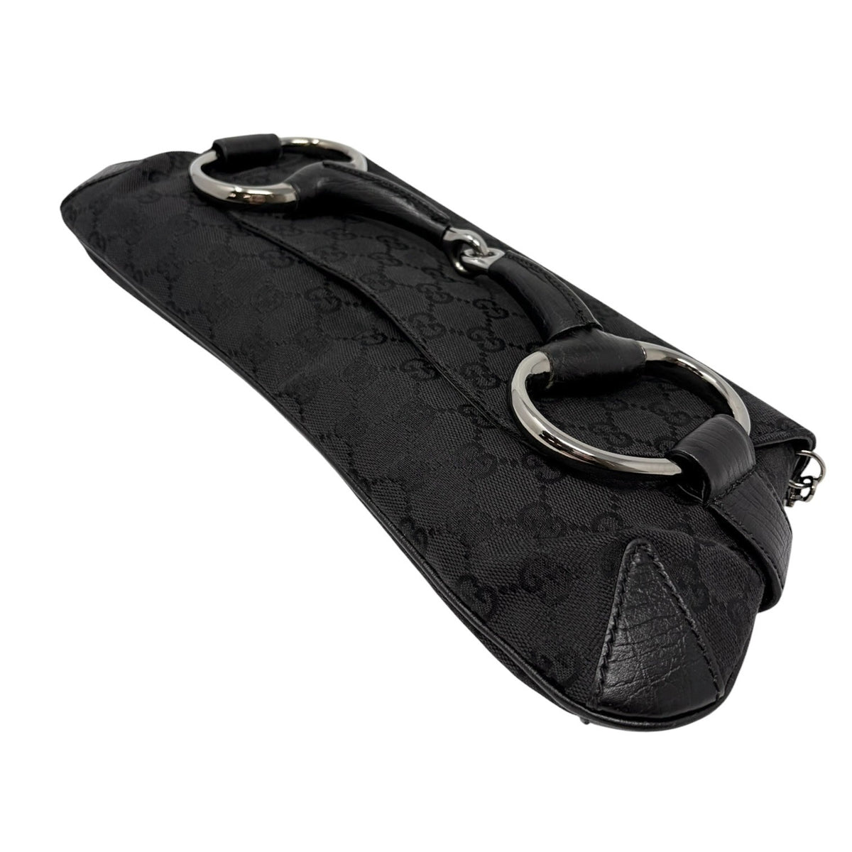 GUCCI Vintage Horsebit GG Monogram Chain Shoulder Bag Black Silver 902485