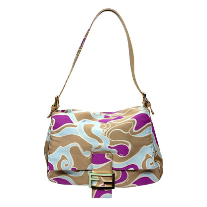 FENDI Vintage FF Logo Mamma Baguette Psychedelic Print Shoulder Bag Silk Beige