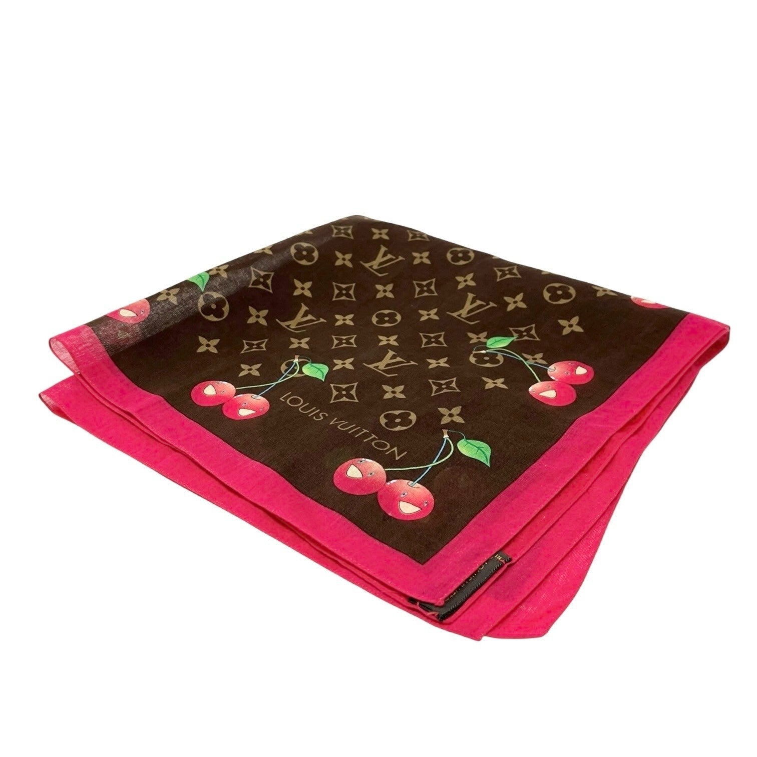 LOUIS VUITTON Vintage LV Monogram Cherry Scarf Wrap Takashi Murakami Brown Red