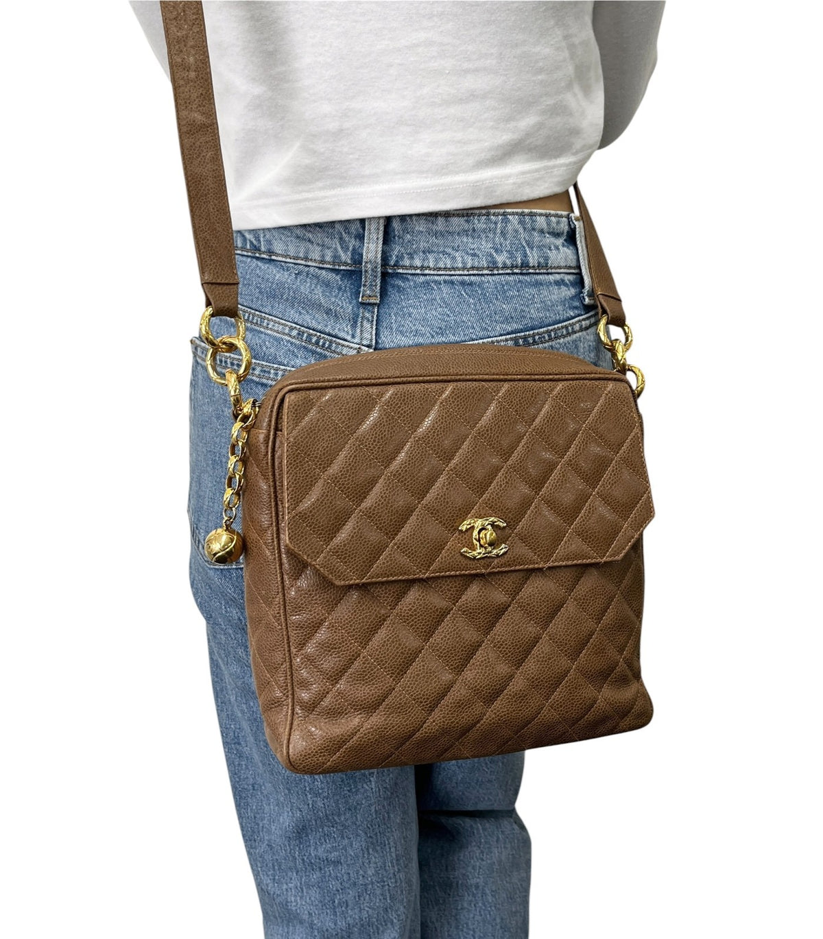 CHANEL Vintage CC Chain Turnlock Quilted Flap Shoulder Bag Brown Leather 902364