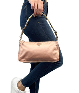 PRADA Vintage Logo Pochette Shoulder Bag Pink Silver Silk Leather Zip Rank AB