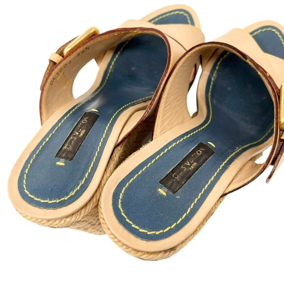 LOUIS VUITTON Vintage LV Logo Monogram Sandals #36-36.5 Beige Blue Leather Belt
