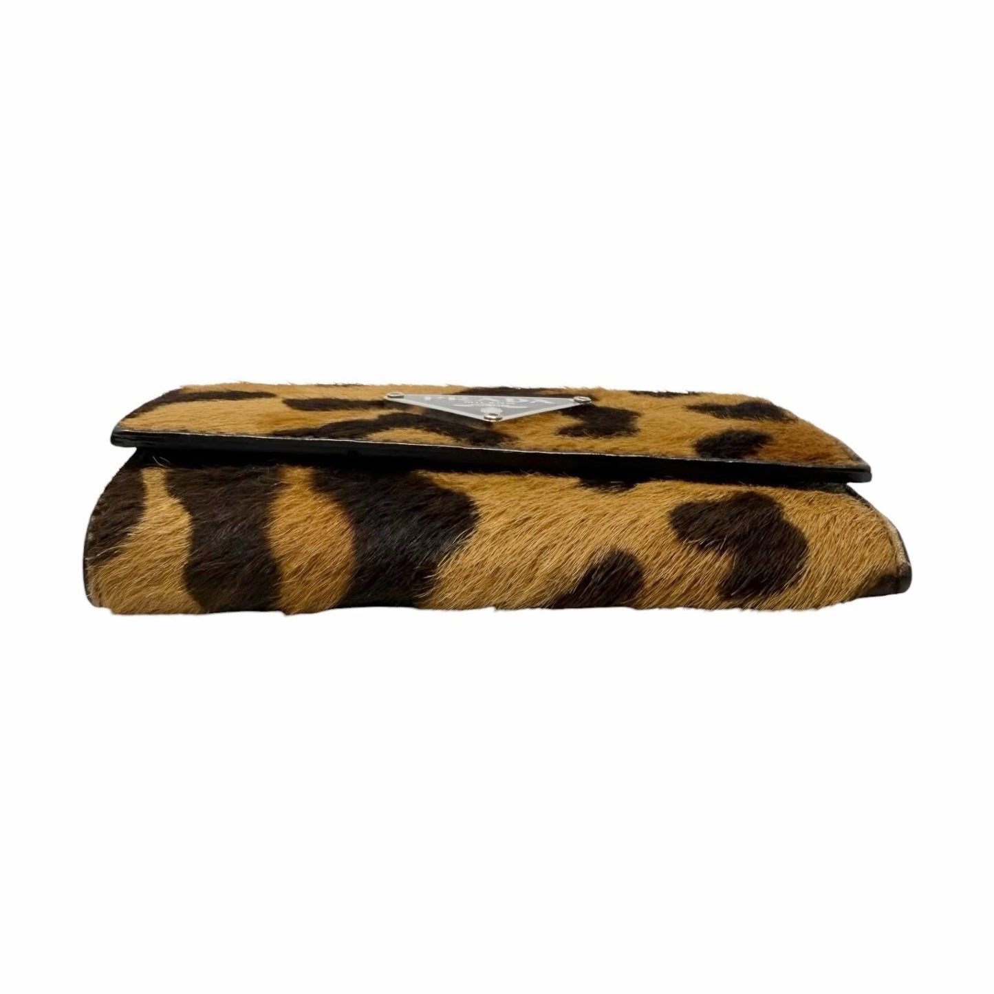 PRADA Vintage Triangle Logo Leopard Pony Hair Mini Key Case Brown Camel 902438