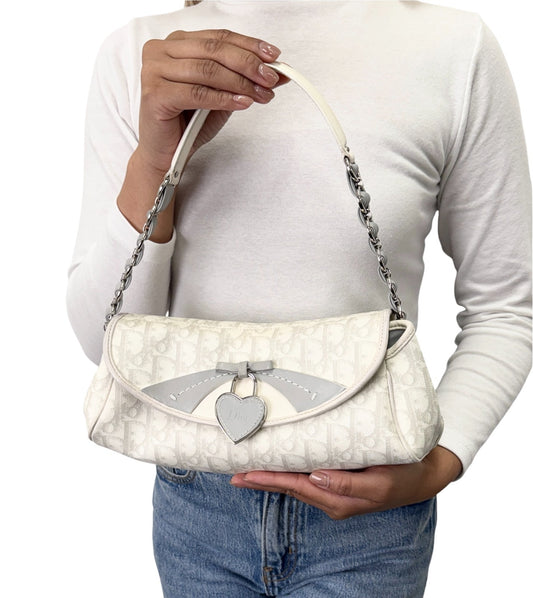 Christian Dior Vintage Romantique Trotter Monogram Heart Charm Bag White 902389
