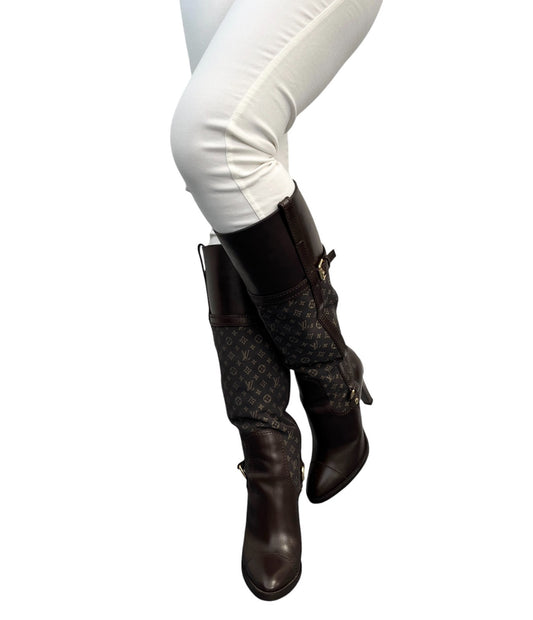 LOUIS VUITTON Vintage LV Monogram Long Boots #37-37.5 Brown Leather 902458