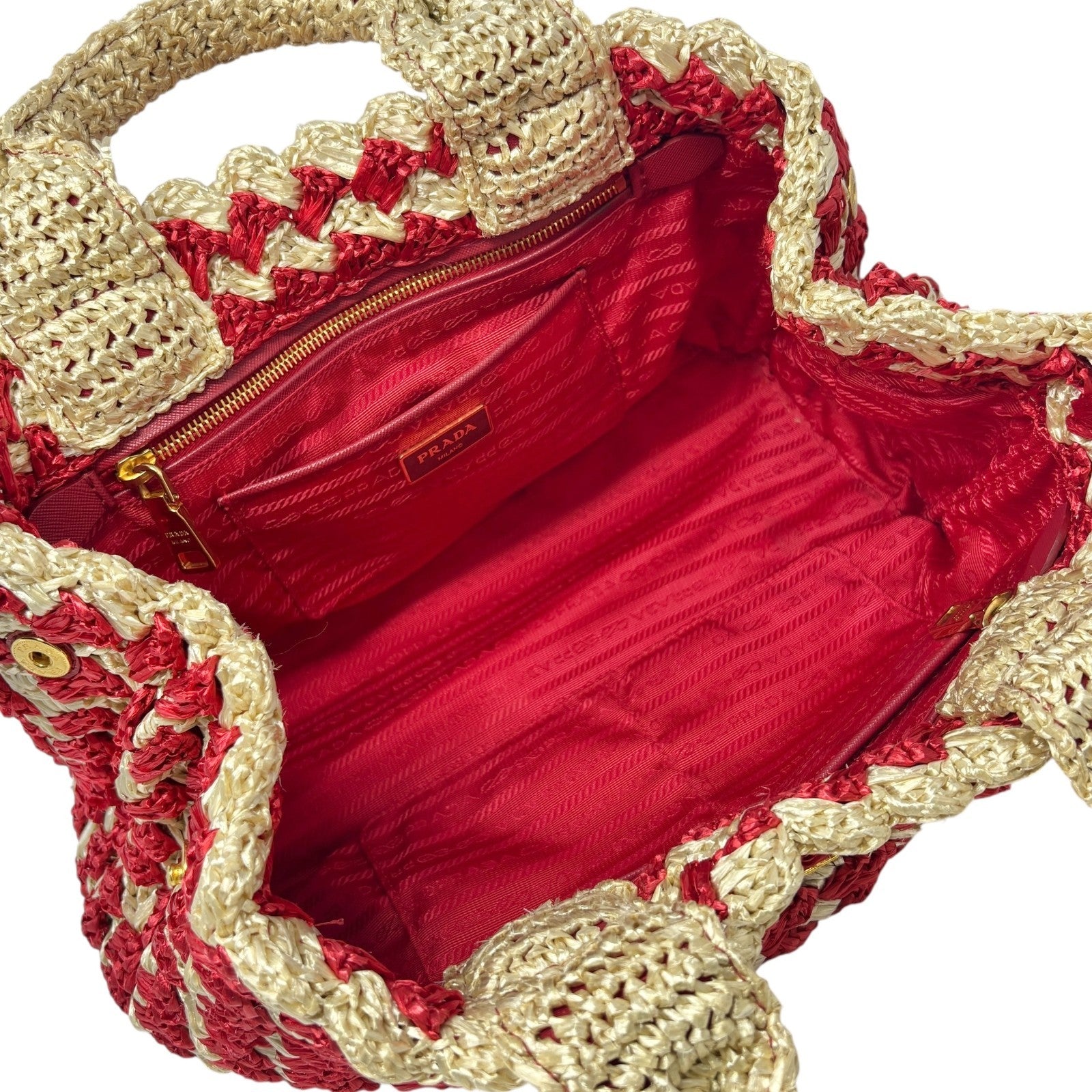 PRADA Vintage Logo Raffia Tote Bag Handbag Red Cream Gold Polyethylene