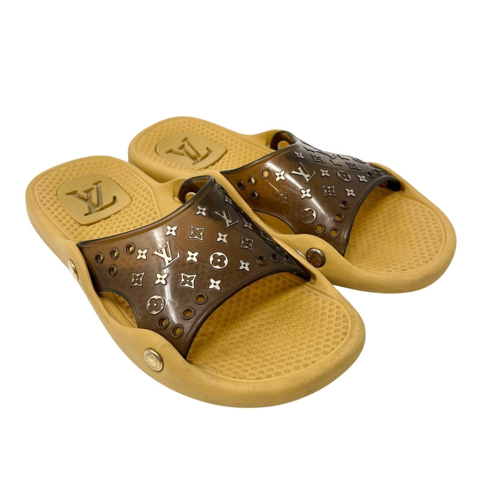 LOUIS VUITTON Vintage LV Monogram Logo Slide Sandals #36-37 Brown Beige Rubber