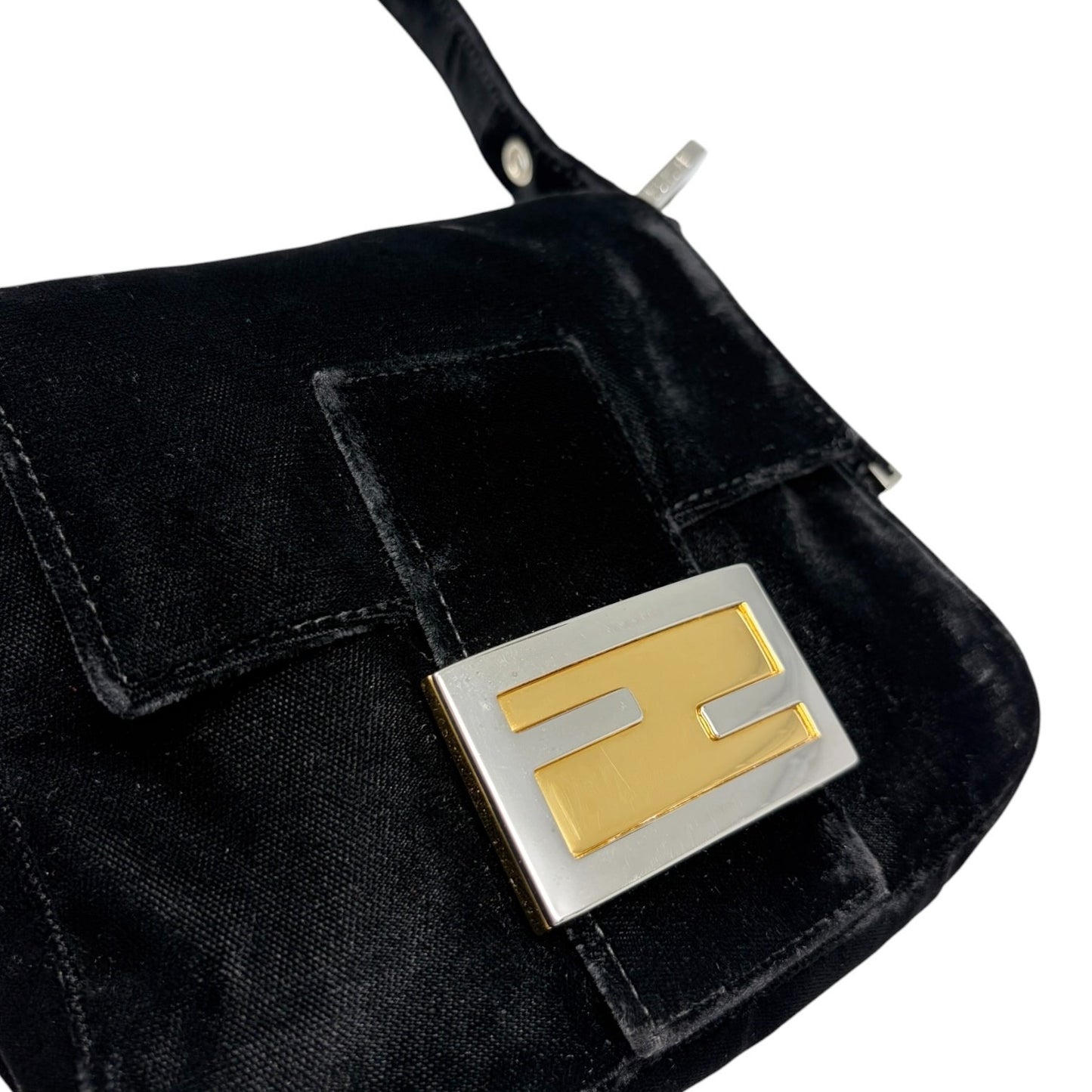 FENDI Vintage FF Logo Mamma Baguette Shoulder Bag Black Silver Velour 902207