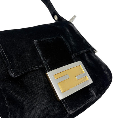 FENDI Vintage FF Logo Mamma Baguette Shoulder Bag Black Silver Velour 902207