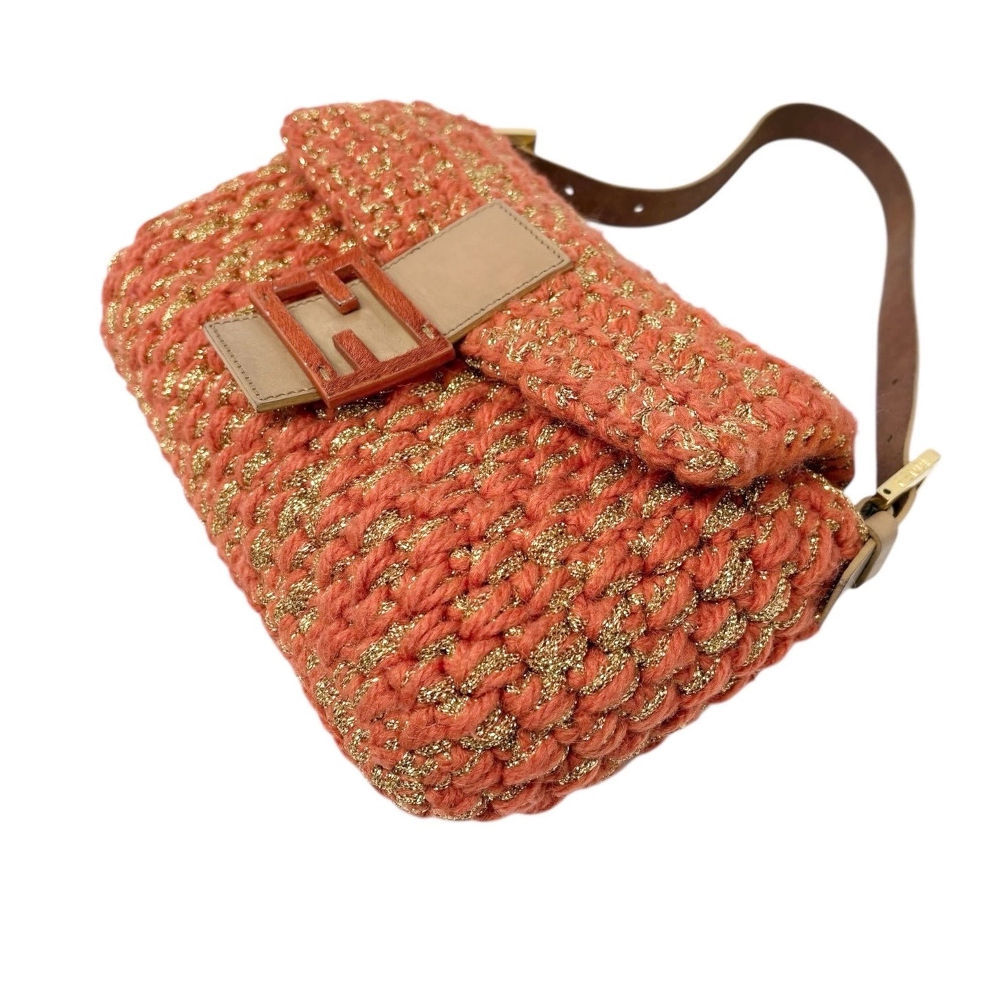 FENDI Vintage FF Mamma Baguette Wool Knit Shoulder Bag Glitter Orange Beige