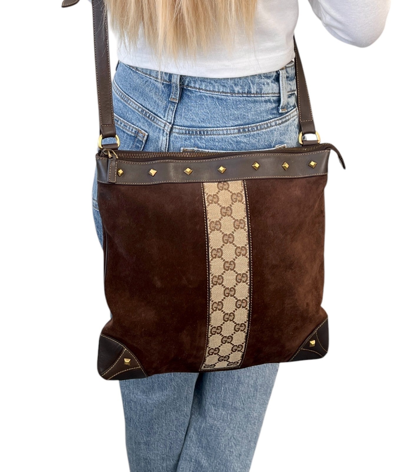 GUCCI Vintage GG Monogram Crossbody Bag Brown Gold Suede Canvas Studs Nailhead