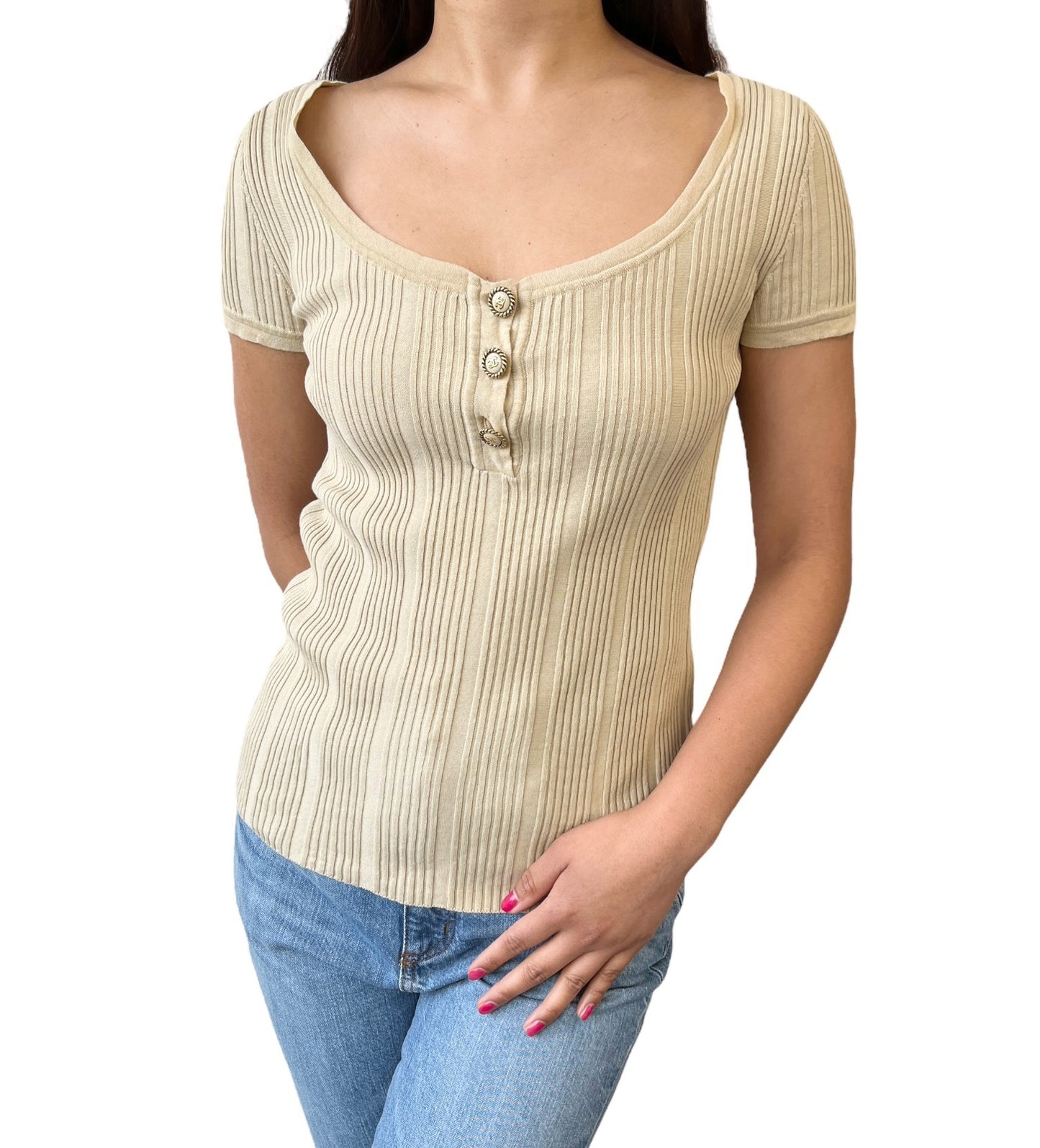 CHANEL Vintage 07P CC Logo Button Rib Knit Top #42 Cotton Beige Gold 106913