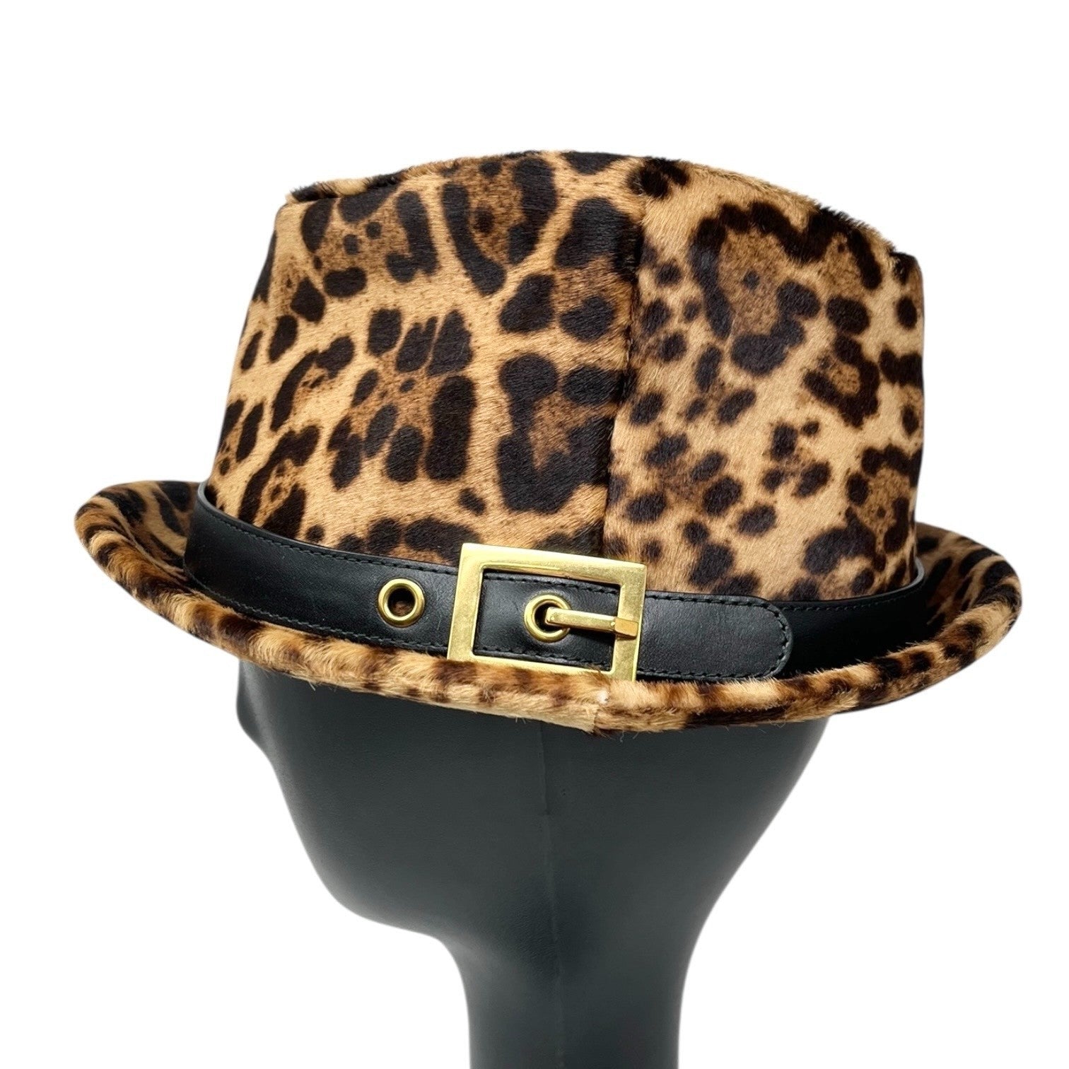 GUCCI Vintage Logo Leopard Pony Calf Hair Hat #M Beige Brown Cotton Belt