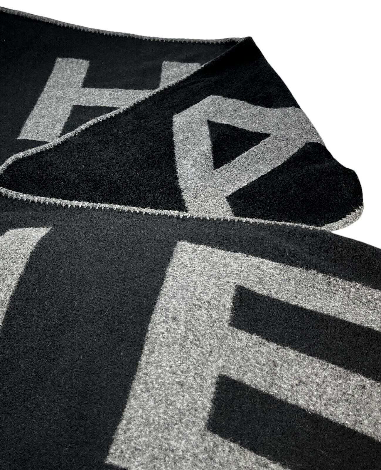 CHANEL Vintage Logo Muffler Scarf Wrap Accessory Black Gray Silk Cashmere