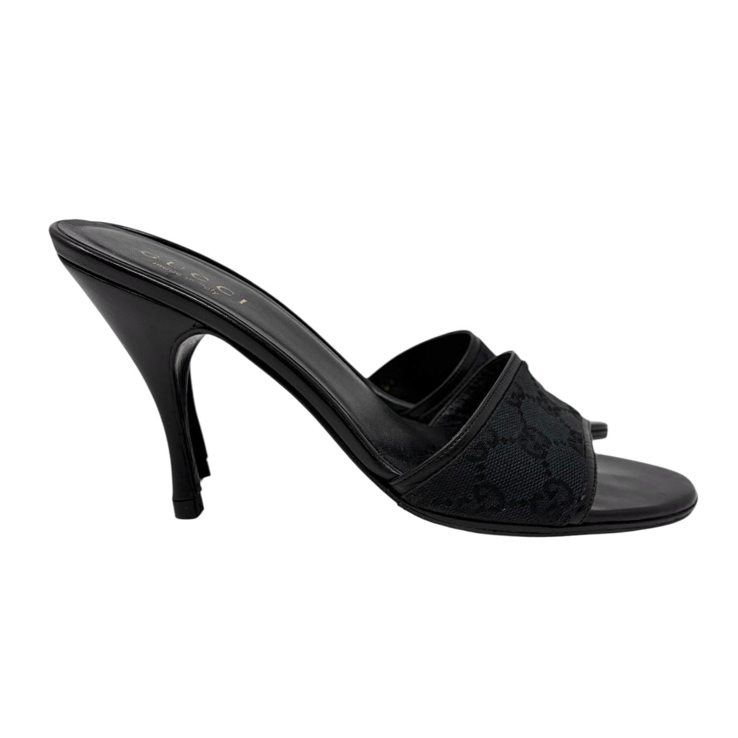 GUCCI Vintage GG Monogram Open Toe Sandals #37.5 Black Heels Canvas