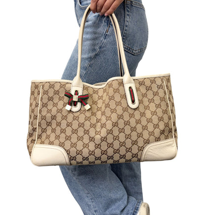 GUCCI Vintage GG Monogram Web Stripe Ribbon Tote Shoulder Bag Beige 902324