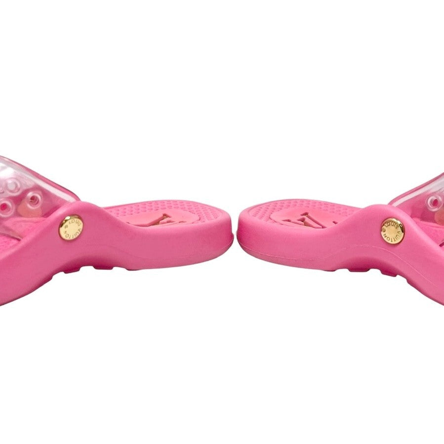 LOUIS VUITTON Vintage Lv Logo Monogram Beach Sandals #36-36.5 Pink Gold Rubber