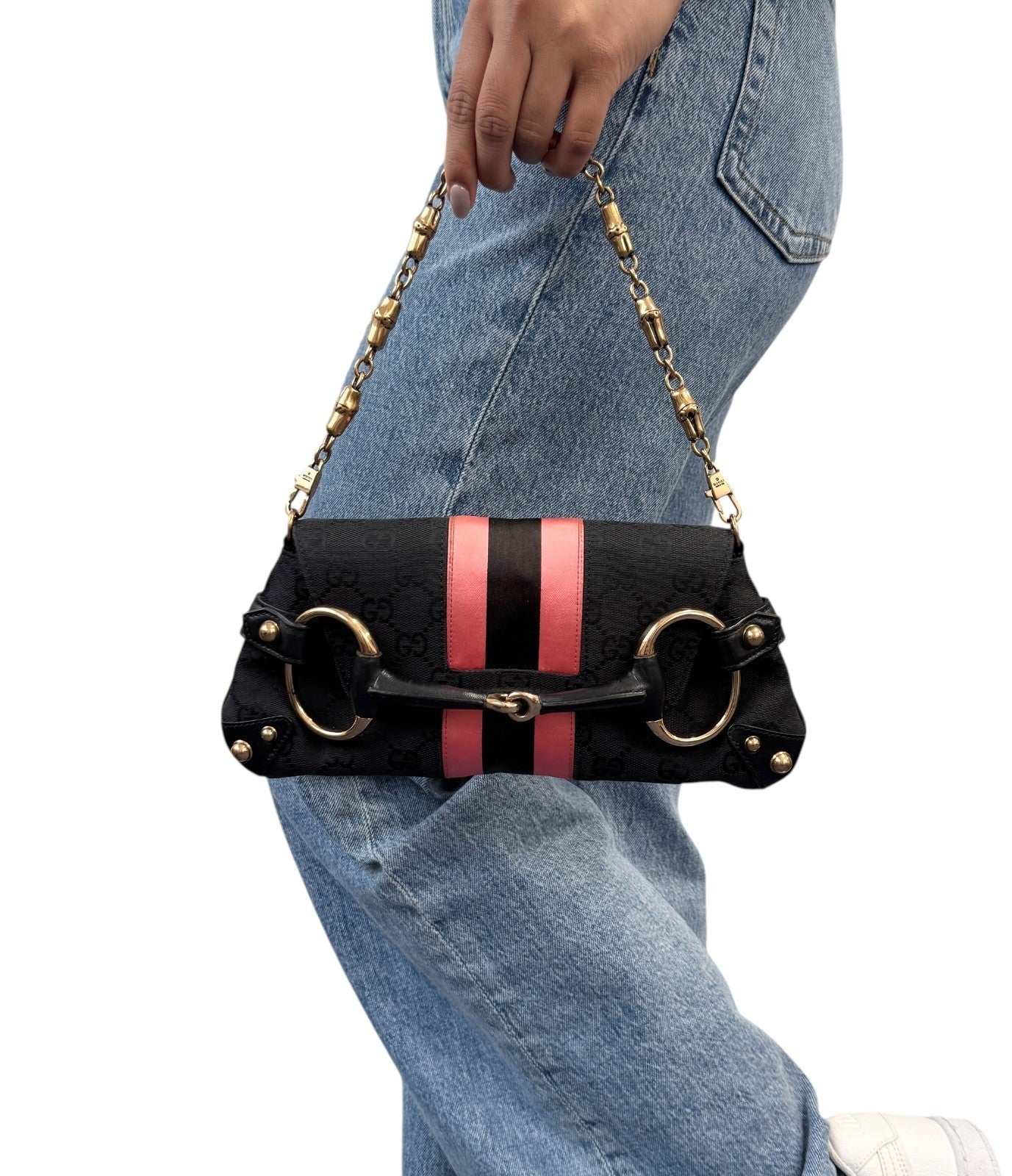 GUCCI Vintage GG Logo Monogram Horsebit Shoulder Clutch Bag Chain Black Pink