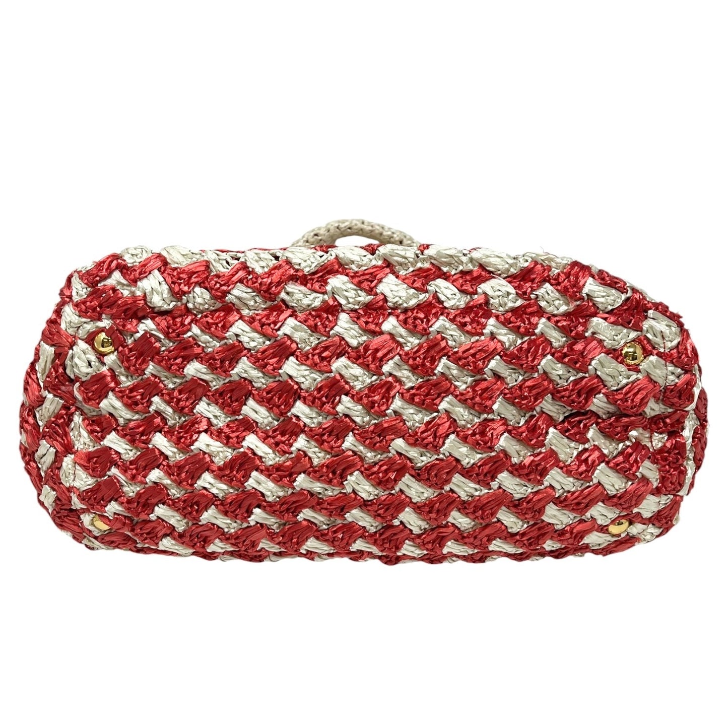PRADA Vintage Triangle Logo Raffia Canapa Tote Bag Red White Crochet 902048