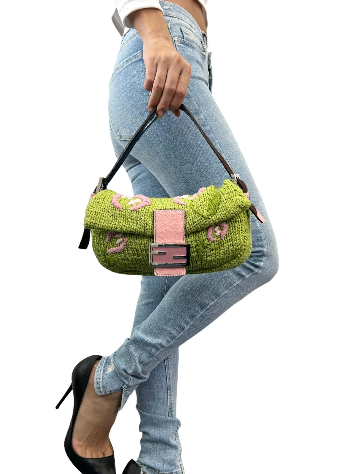 FENDI Vintage FF Mamma Baguette Crochet Shoulder Bag Flower Green Pink Wool