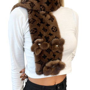 LOUIS VUITTON Vintage LV Logo Monogram Flower Scarf Shawl Brown Mink Fur RankAB