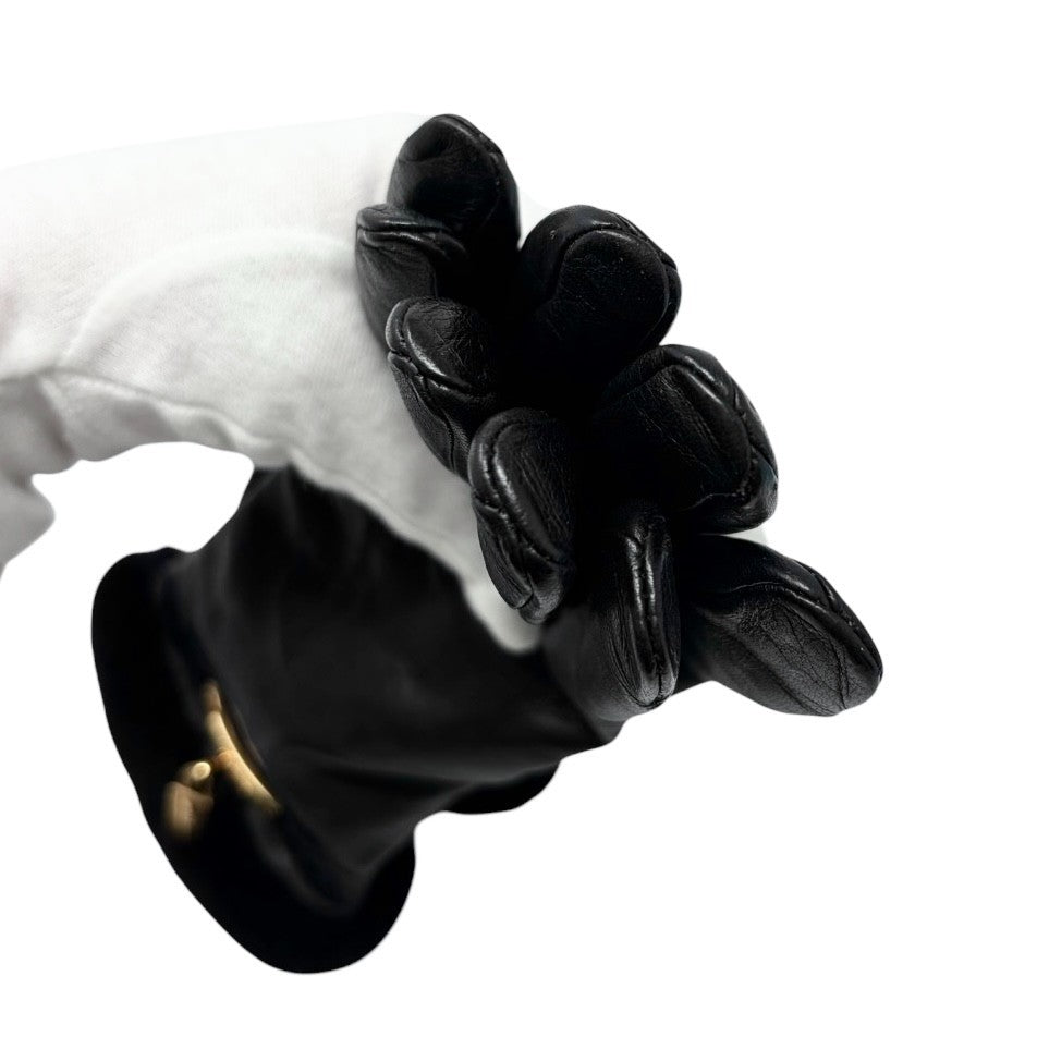 HERMES Vintage Kelly Padlock Cadena Fur Trim Leather Gloves #7.5 Black 902001