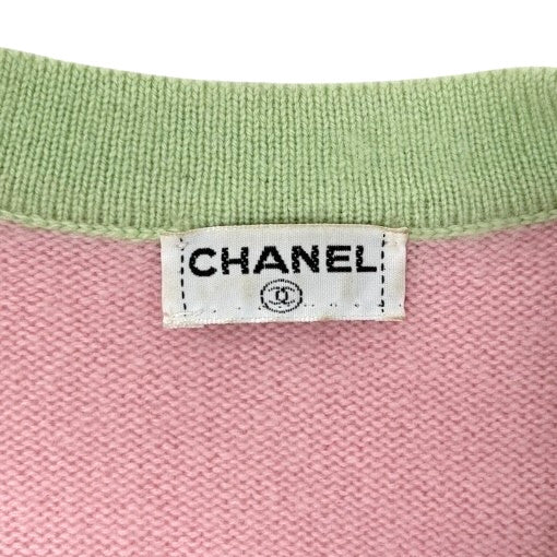 CHANEL Vintage CC Logo Cashmere Knit Long Cardigan Top Pink Green 902471