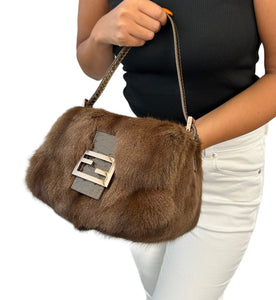 FENDI Vintage FF Logo Fur Mini Mamma Baguette Shoulder Bag Brown Gold Leather