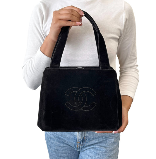 CHANEL Vintage CC Logo Stitch Trapezoid Tote Bag Handbag Black Velour 902222