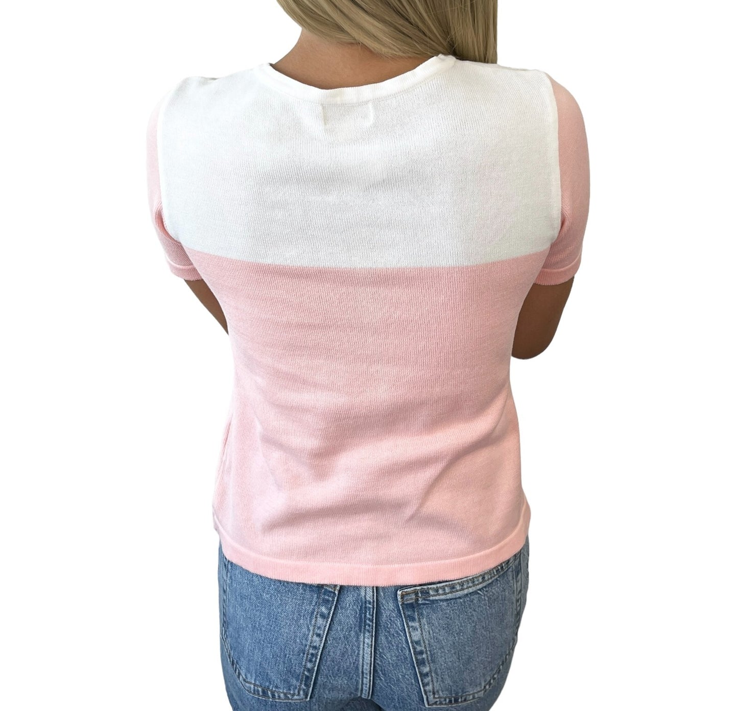 Courreges Vintage Logo Bicolor Knit T-shirt #9R Top Pink White Cotton Rank AB