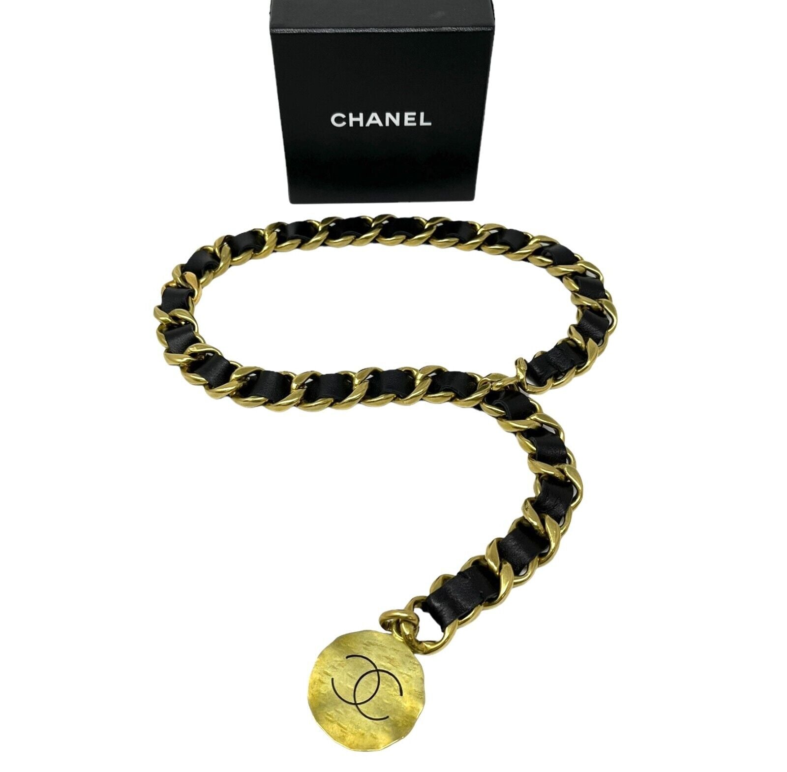 CHANEL Vintage 95P CC Logo Chain Belt Black Gold Leather Metal Rank AB