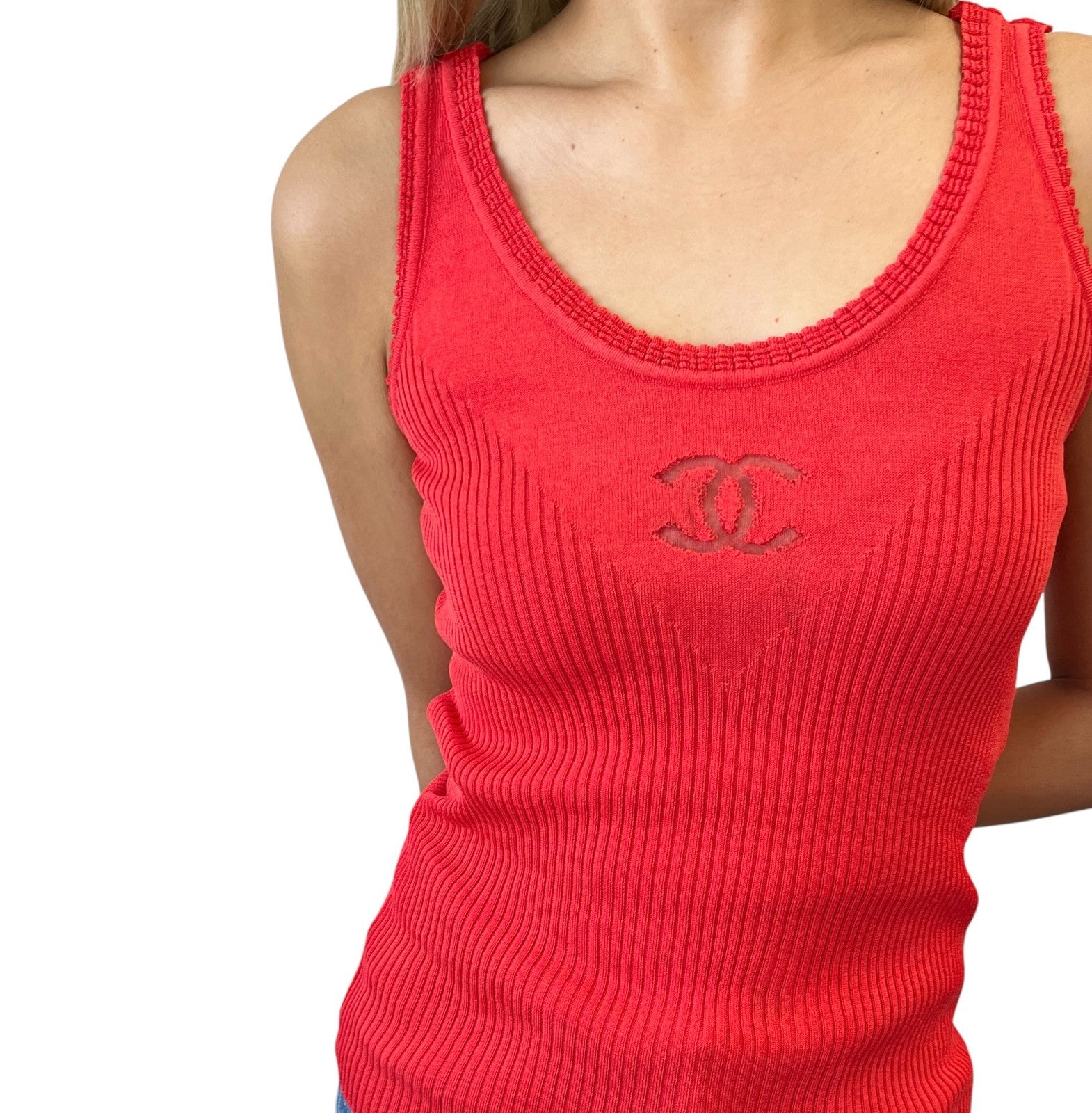 CHANEL Vintage P37822 See-through CC Logo Rib Knit Tank Top Red Cotton Silk