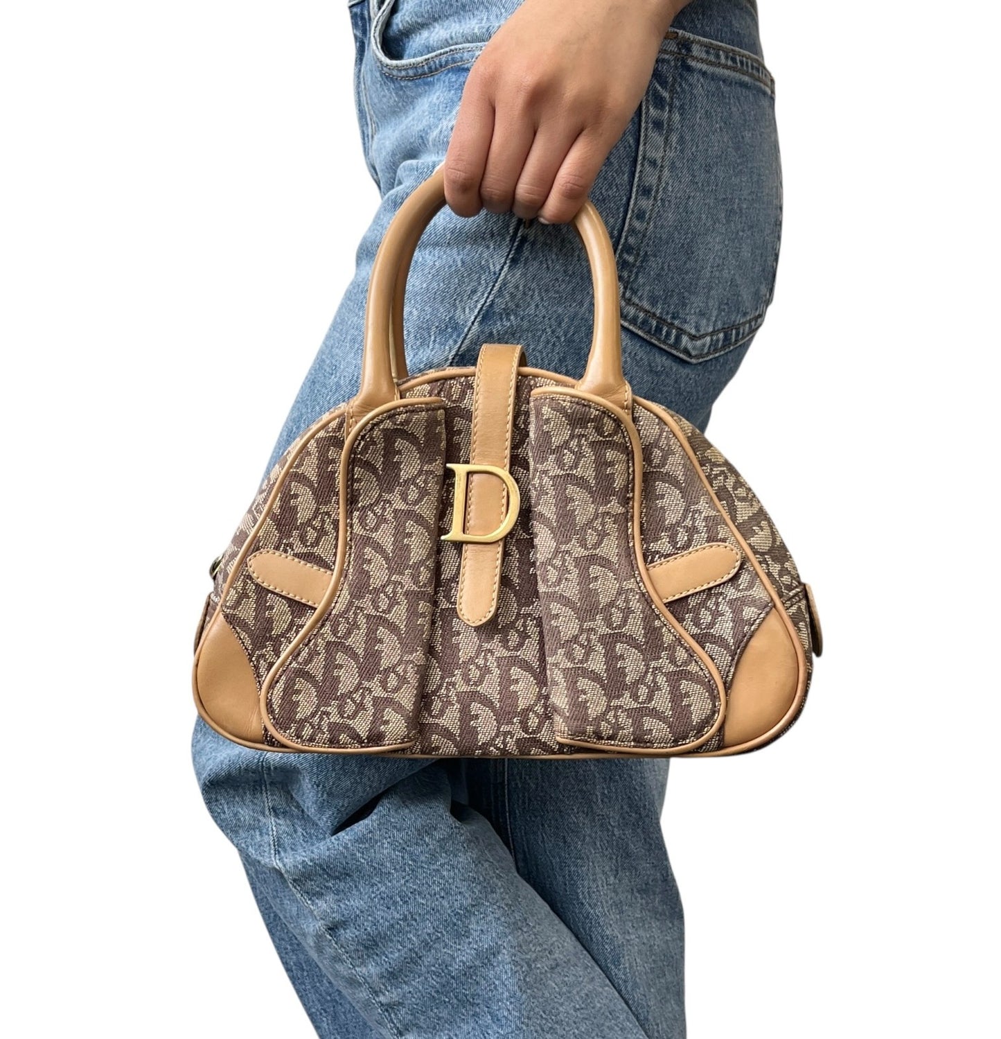 Christian Dior Vintage 2002 Trotter Monogram Double Saddle Bowler Bag Beige