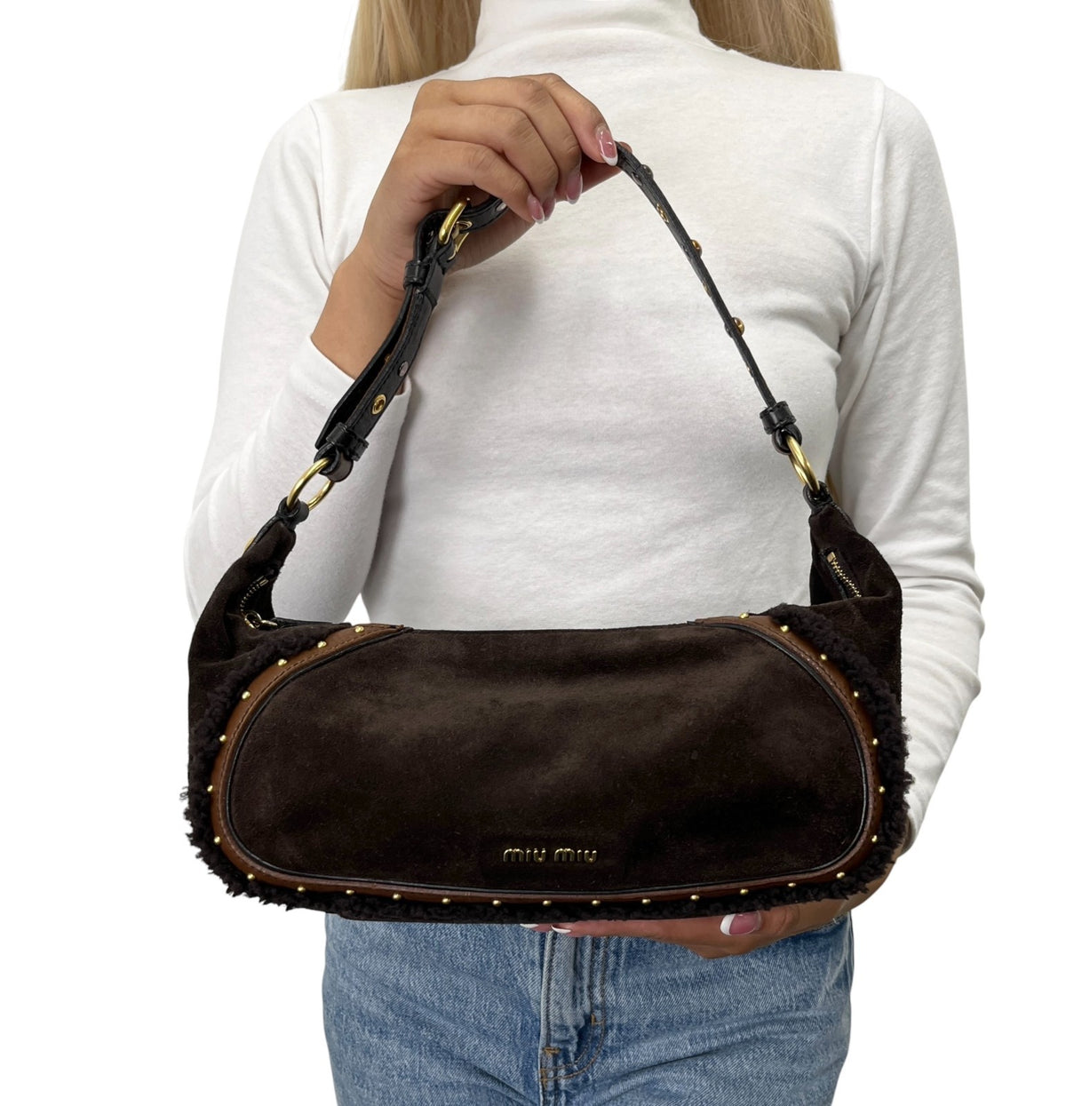 miumiu Vintage Shearling Studded Shoulder Bag Suede Boa Brown Gold 902328