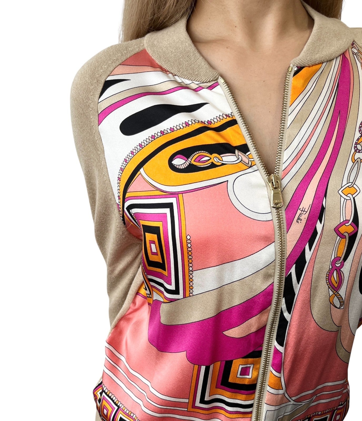 EMILIO PUCCI Vintage Logo Zipped Jacket #XS Beige Pink Light Brown Silk Wool