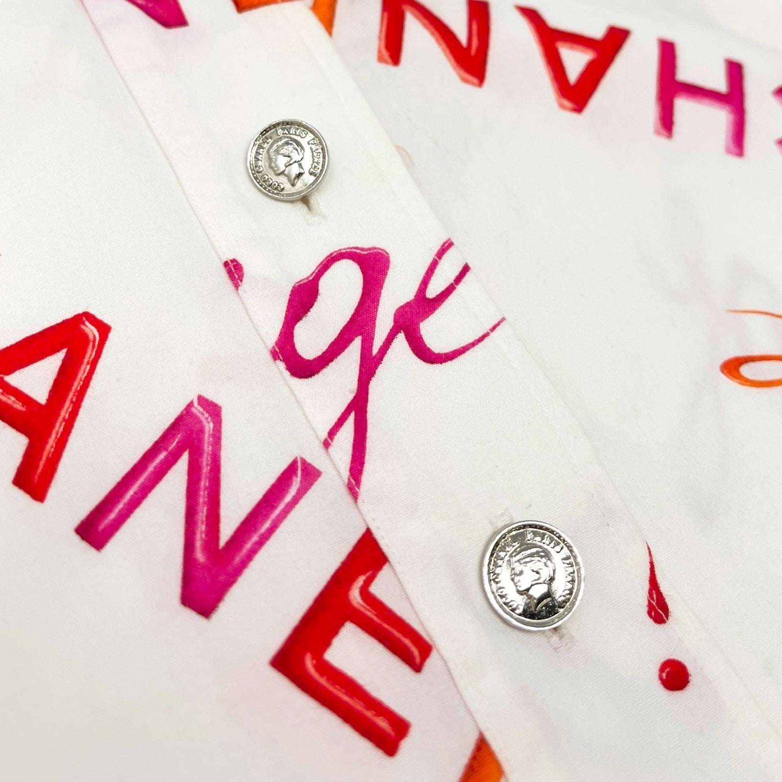 CHANEL Vintage 96P Logo Button Up Shirt Rouge Long Sleeve White Pink Cotton