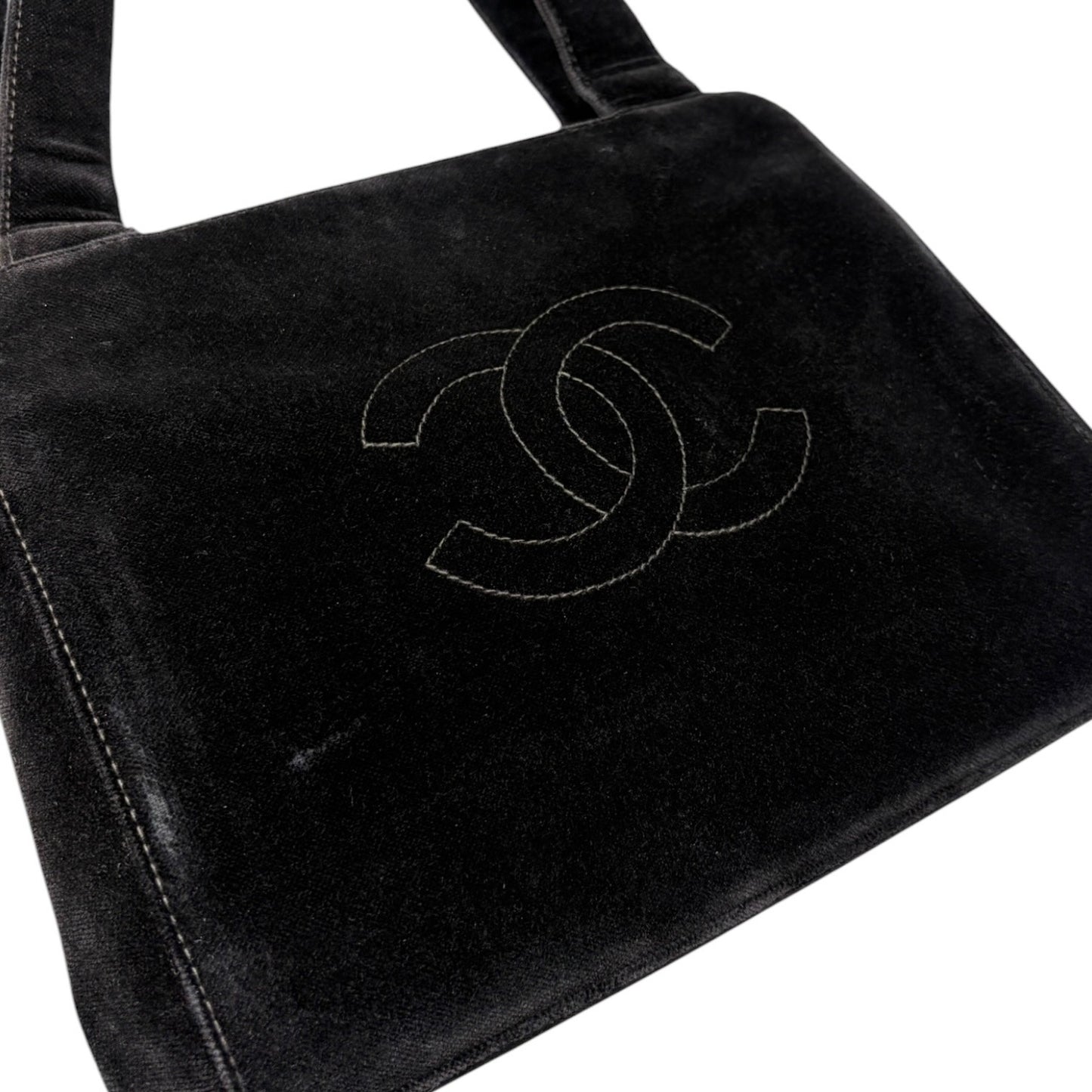 CHANEL Vintage CC Logo Stitch Trapezoid Tote Bag Handbag Black Velour 902222