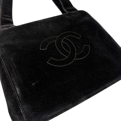 CHANEL Vintage CC Logo Stitch Trapezoid Tote Bag Handbag Black Velour 902222