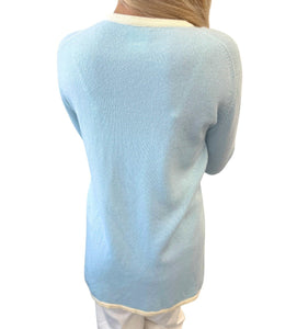 CHANEL Vintage 96C CC Logo Knit Cardigan #40 Sweater Light Blue Cashmere