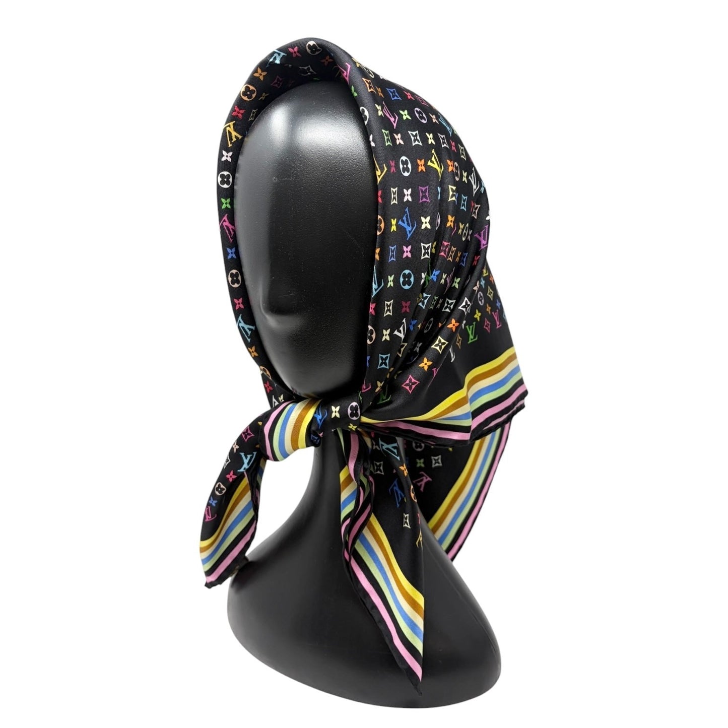 LOUIS VUITTON Vintage LV Monogram Multicolor Scarf Wrap Top Black Silk 902576