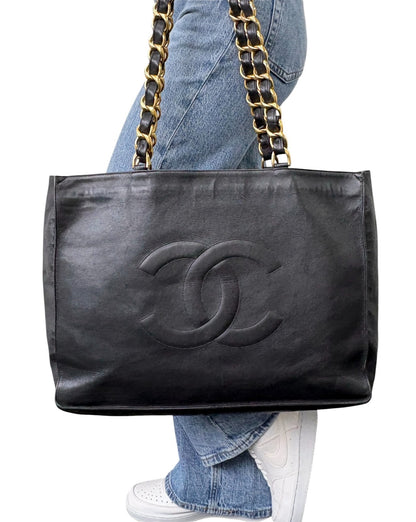 CHANEL Vintage Big CC Logo Chain Tote Shoulder Bag Black Gold Leather 902803