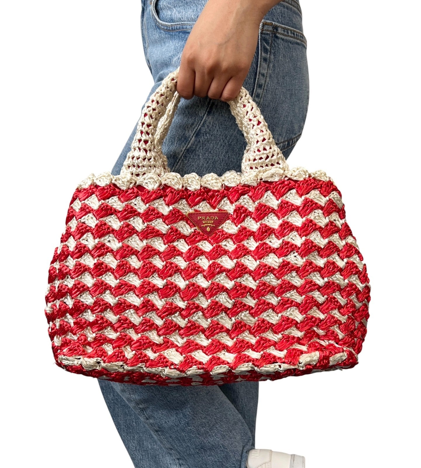 PRADA Vintage Triangle Logo Raffia Canapa Tote Bag Red White Crochet 902048
