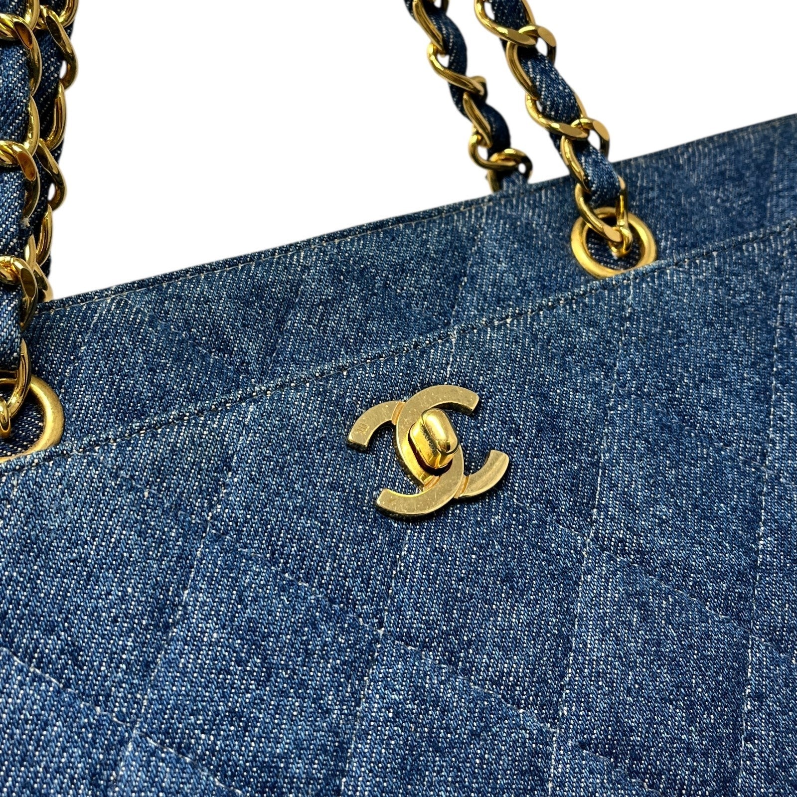 CHANEL Vintage CC Mark Logo Matelasse Denim Shoulder Bag Chain Blue Gold Cotton