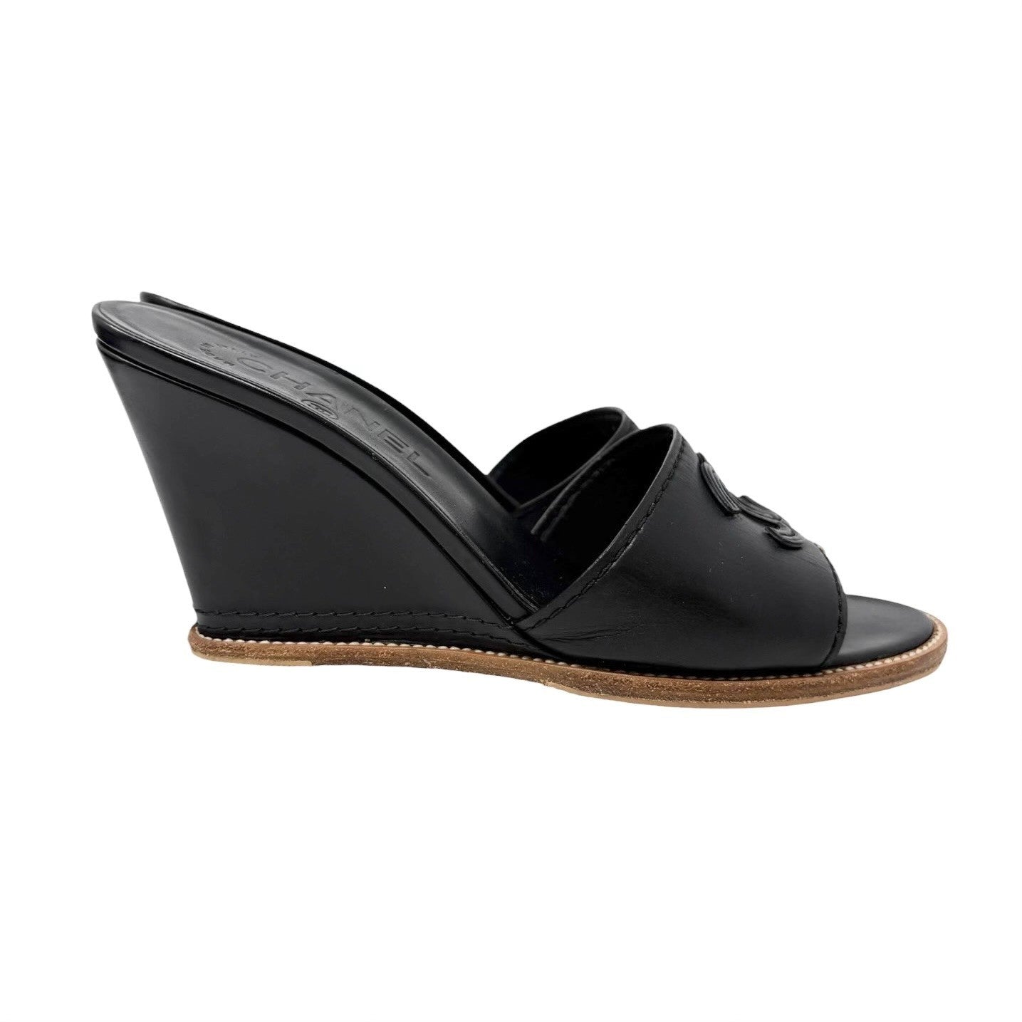 CHANEL Vintage CC Logo Slide Sandals Heels #36.5 Black Brown Leather 901943